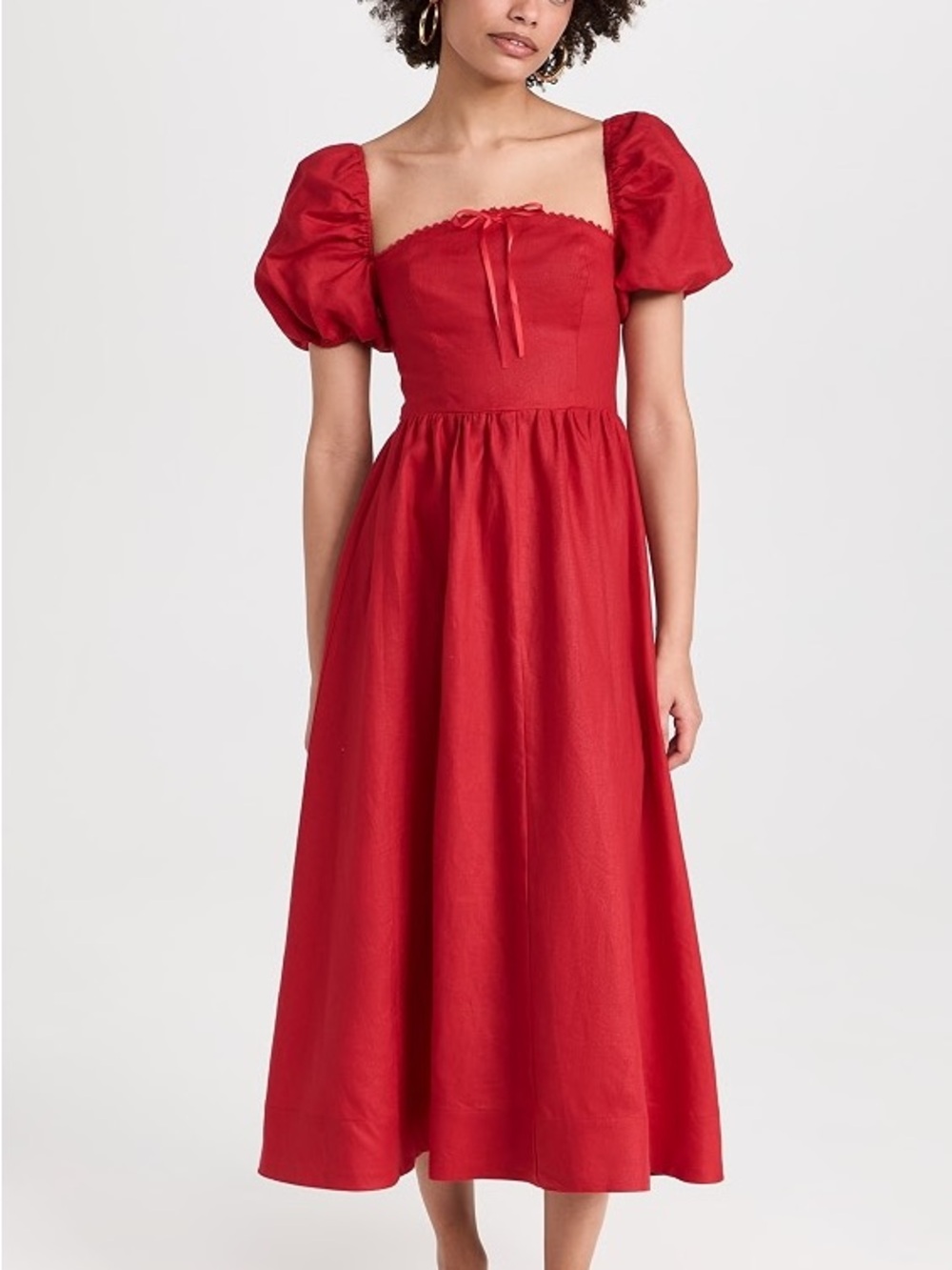 Reformation Marella Red Puff-Sleeve Square Neck Linen Midi Dress - Picture 6 of 9